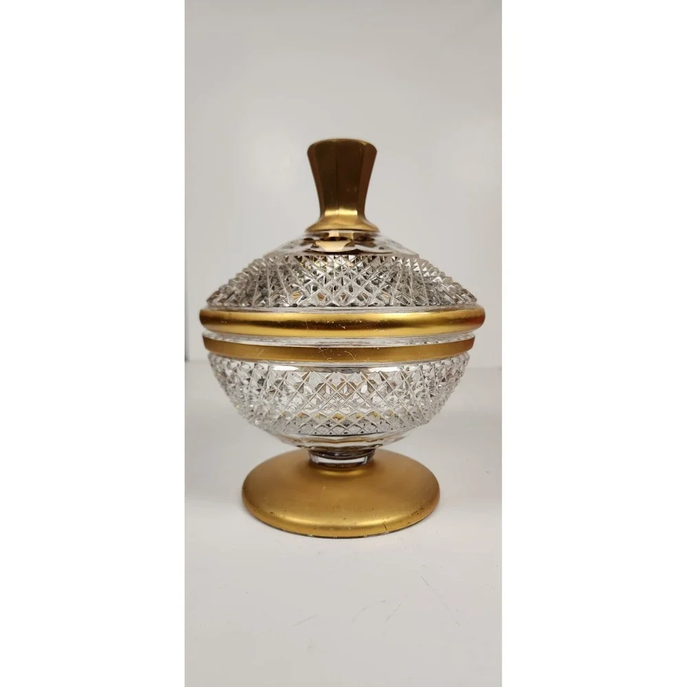 Vintage Moser Style Heavy Cut Crystal Lidded Candy Dish Gold Gilt Pedestal Cover